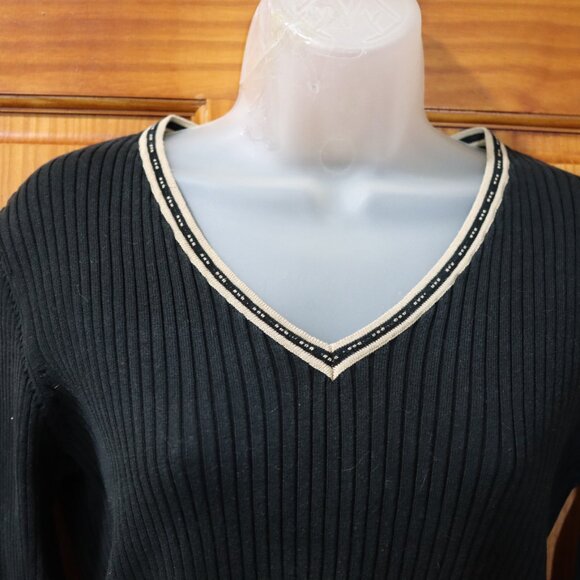 City Silk Vintage Black Pullover Sweater Beige Trim Flared Sleeve Y2K Large - Picture 2 of 14